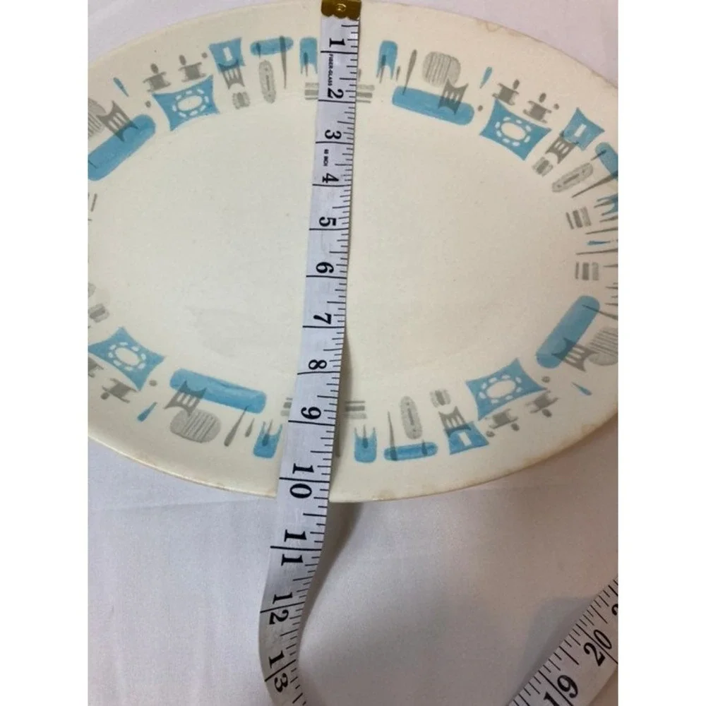 Vintage MCM Blue Heaven Atomic Oval Serving Platter Turquoise Grey 13.5